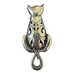 Vintage Sterling Silver Sitting Cat Brooch Pin Scrollwork Design Cat Lady